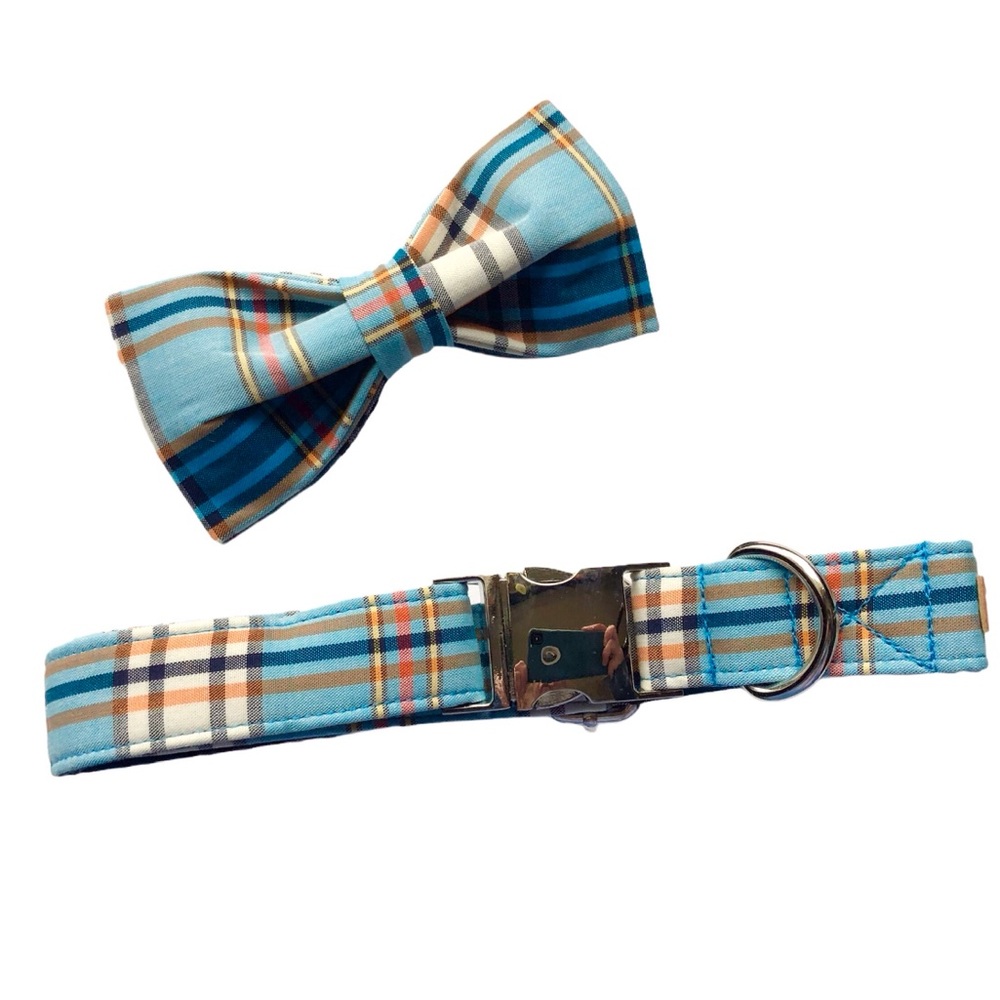 Dog Collar Bow Tie Blue Plaid NEW - Picture 9 of 14